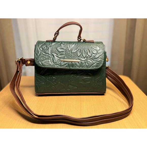 Dark Forest Green Sunflower Embossed Tooled Artisan LEATHER Crossbody Bag Purse - Picture 14 of 16